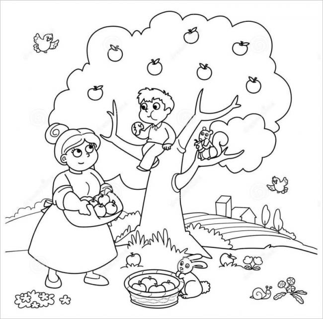 Tranh tô màu mẹ và bé hái táo trong vườn táo