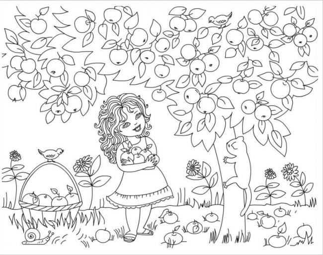 Hình ảnh cô bé và chú mèo con đang hái táo đỏ trong vườn nhà