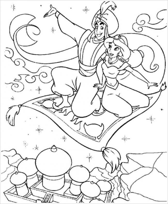 Tranh vẽ chiếc thảm bay thần kỳ đưa Aladin và Jasmine ngao du