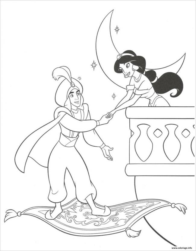 hình vẽ chàng Aladin cưỡi thảm bay đến gặp công chúa Jasmine