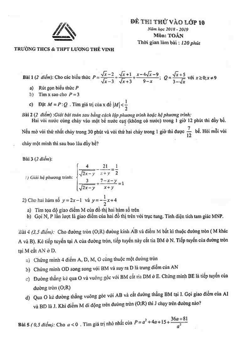 Đề thi thử môn Toán vào lớp 10 trường Lương Thế Vinh năm 2018