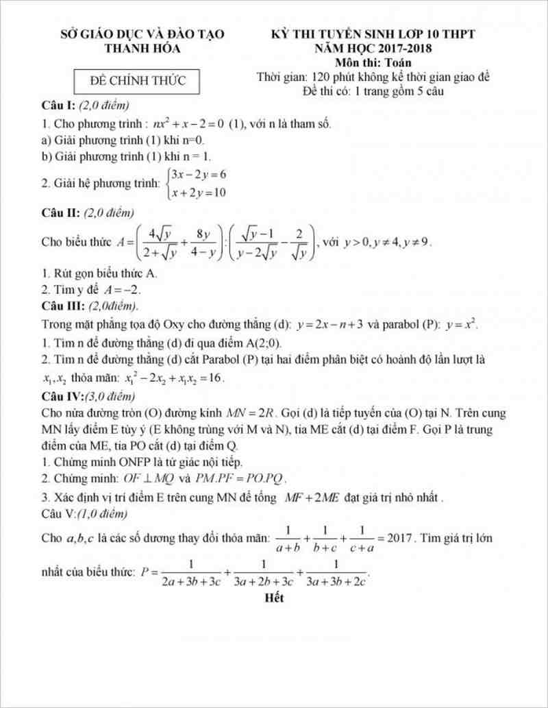 đề thi thử  vào lớp 10 môn Toán năm học 2018( có đáp án)