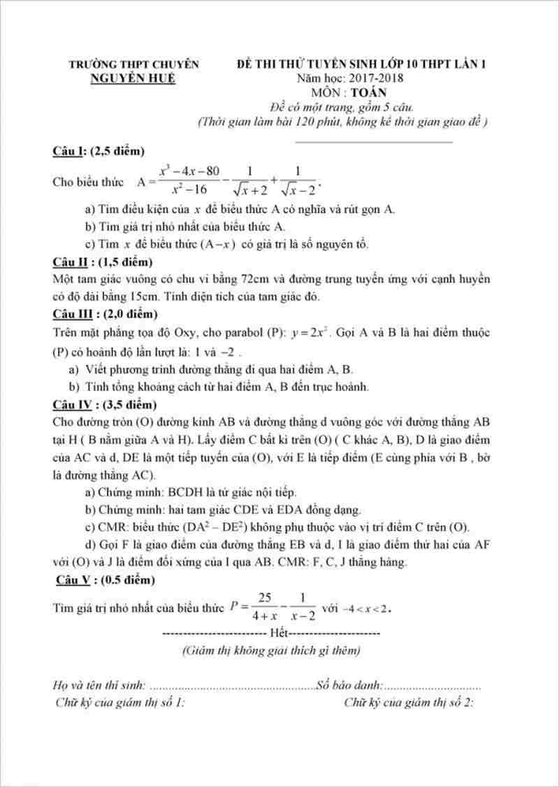 Đề thi thử vào lớp 10 trường THPT chuyên Nguyễn Huệ môn toán