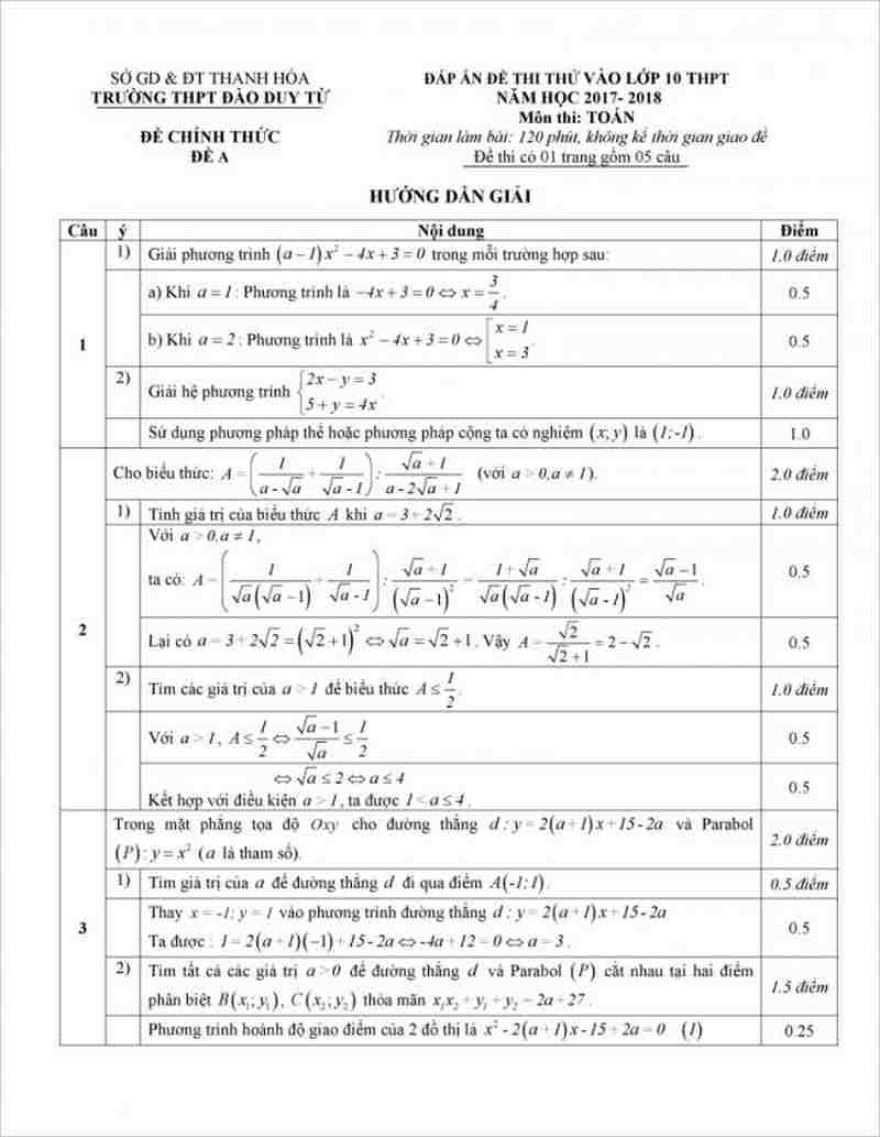 Đề thi thử - Đáp án môn toán lớp 10 trường THPT Đào Duy Từ