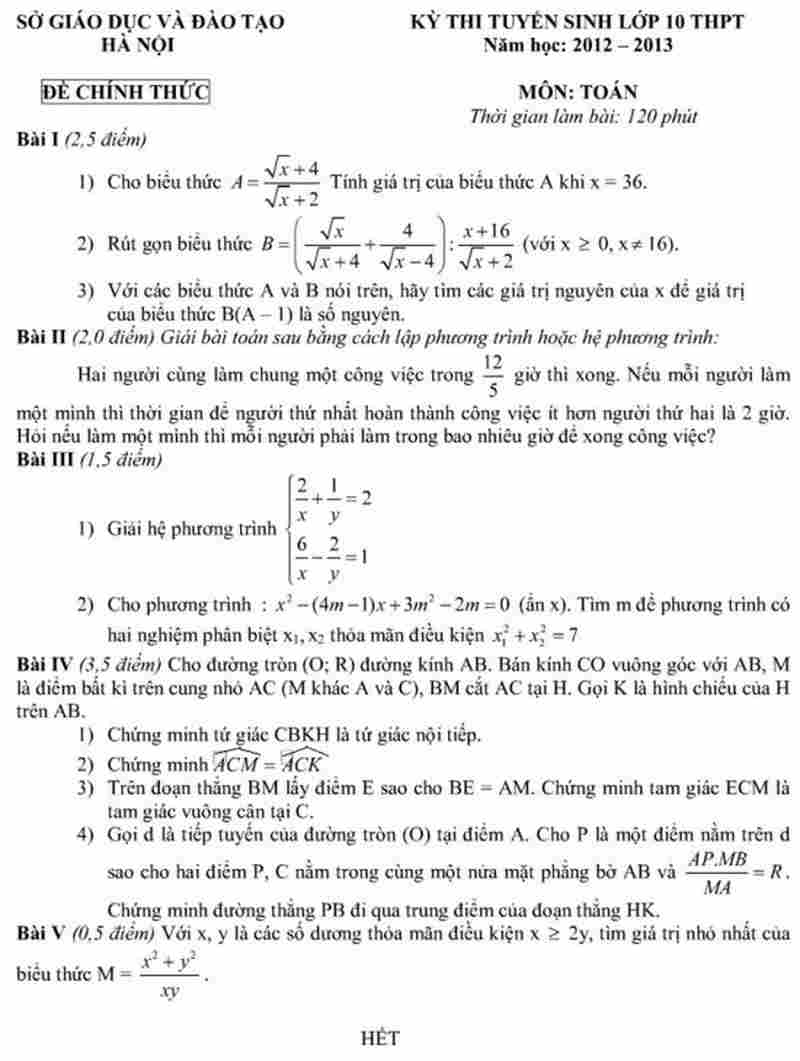 Đề thi vào lớp 10 môn toán năm học 2013 sở GD&ĐT Hà Nội
