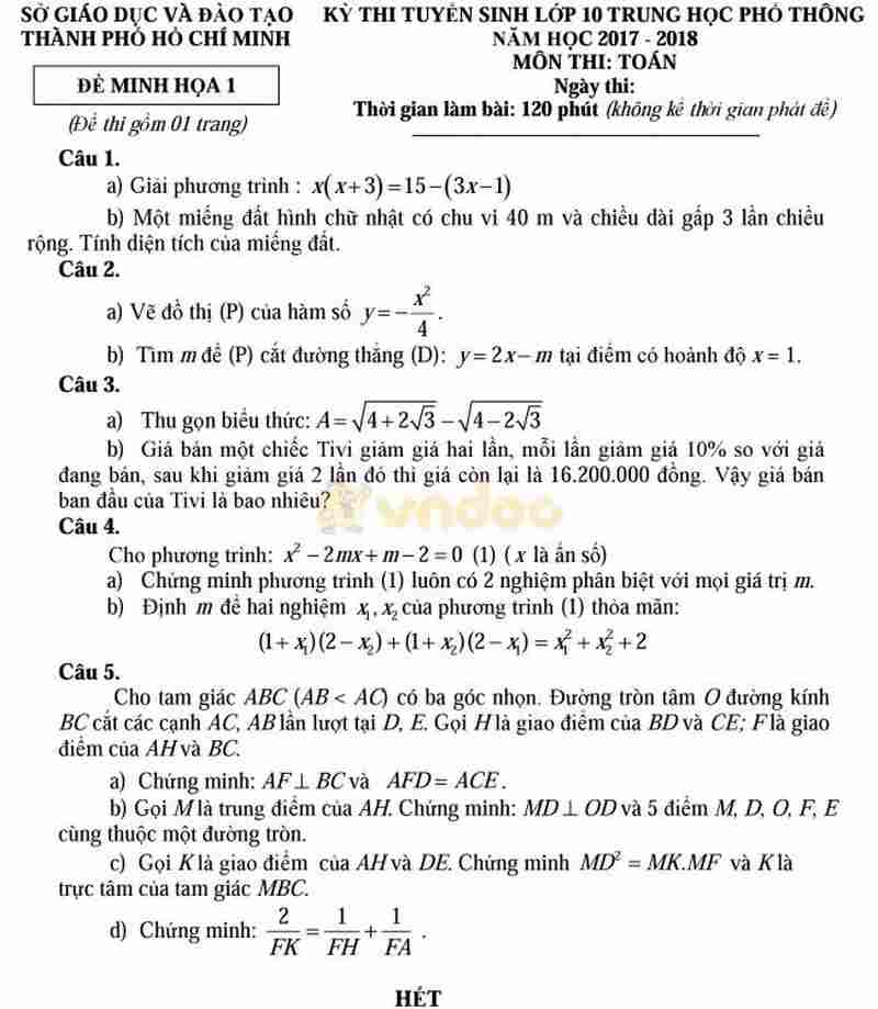 Bộ 03 đề thi thử vào lớp 10 môn Toán thành phố Hồ Chí Minh năm học 2017 - 2018
