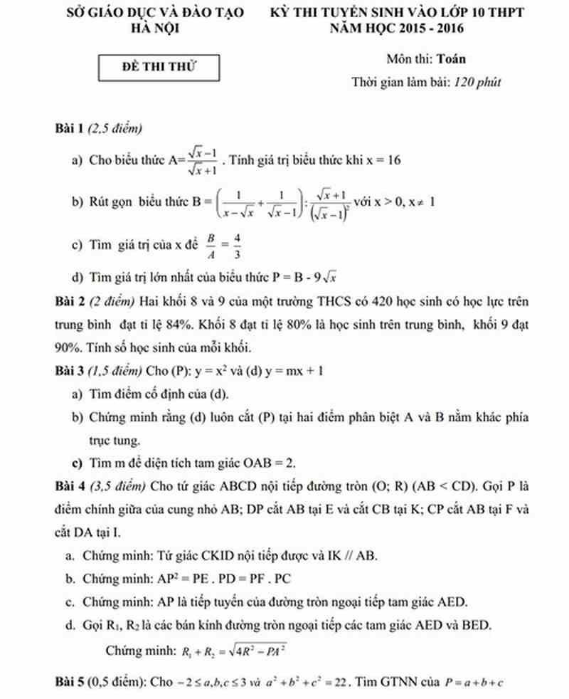 Đề thi thử vào lớp 10 môn toán sở GD&ĐT Hà Nội 2015-2016