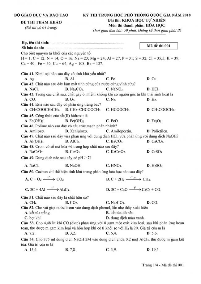 Đề thi tham khảo môn thi Hóa học kỳ thi THPT quốc gia 2018