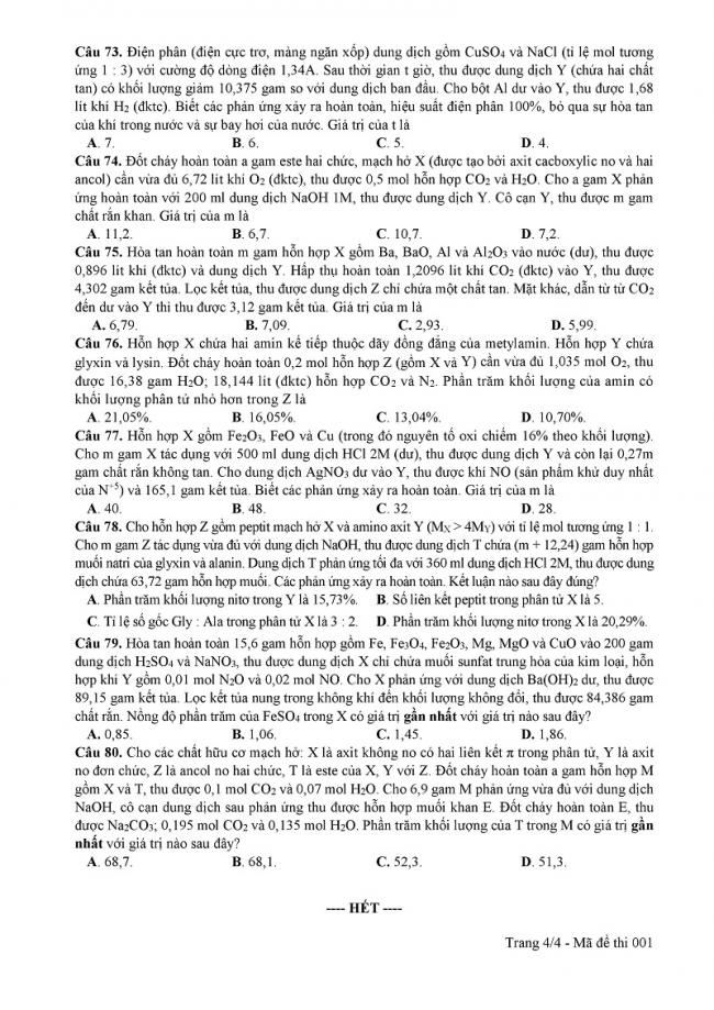 Đề thi tham khảo môn thi Hóa học kỳ thi THPT quốc gia 2018
