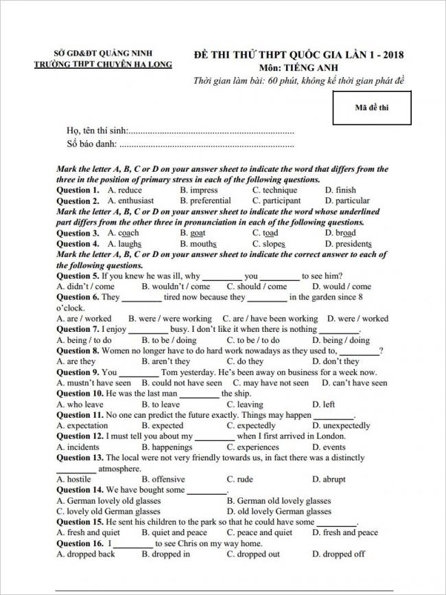 câu 1 - 16 trang 1 đề anh thi thử THPT chuyên Hạ Long 2018