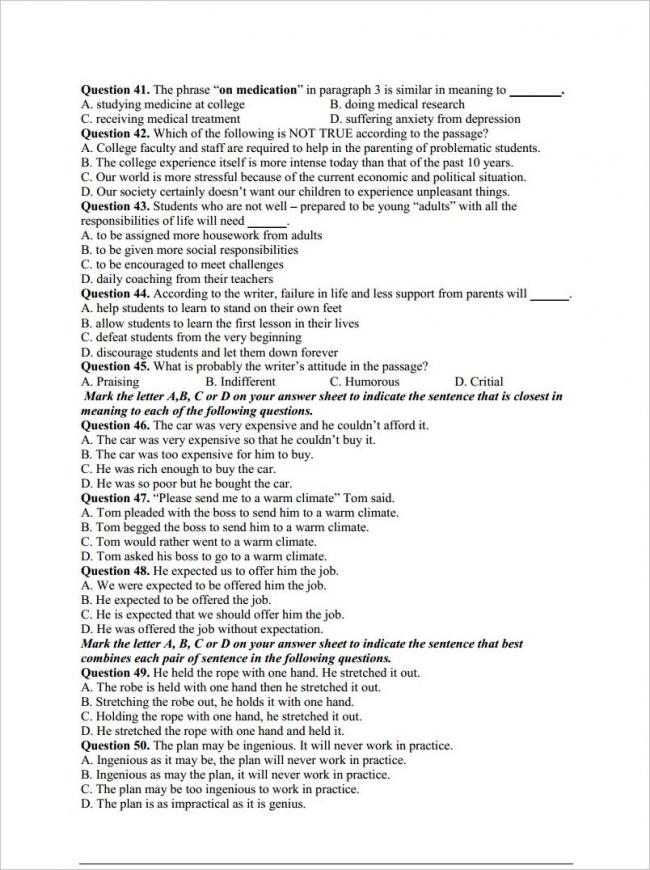 câu 41 - 50 trang 5 đề anh thi thử THPT chuyên Hạ Long 2018