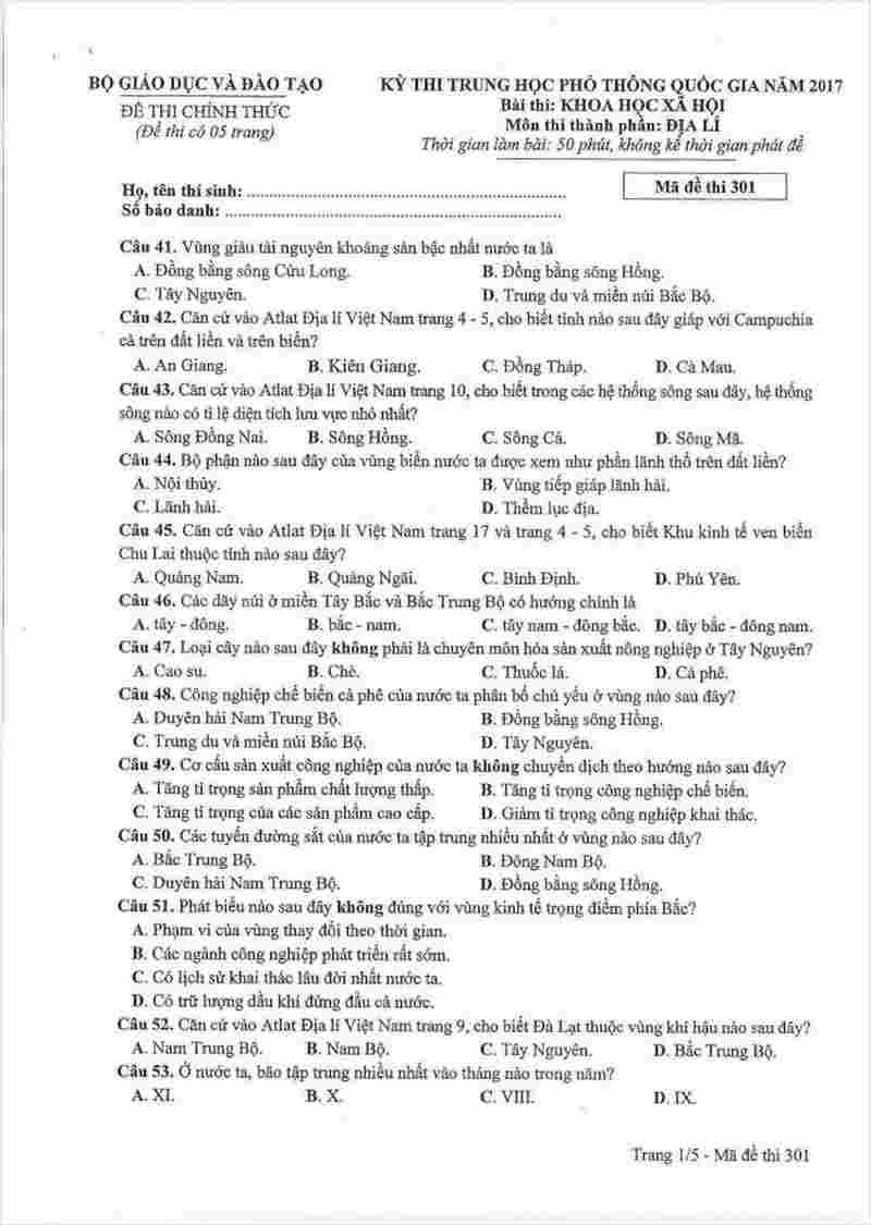 đề thi địa lý thpt quốc gia năm 2017 mã đề 301 (1)