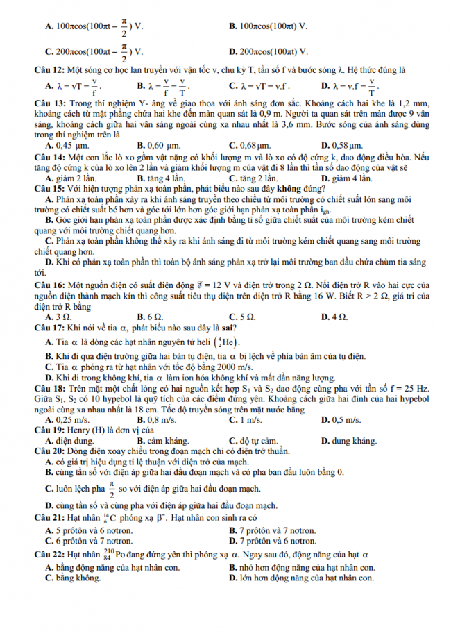 đề thi thử môn vật lý trung học phổ thông sở GD & ĐT Thanh Hóa lần 1 năm học 2018