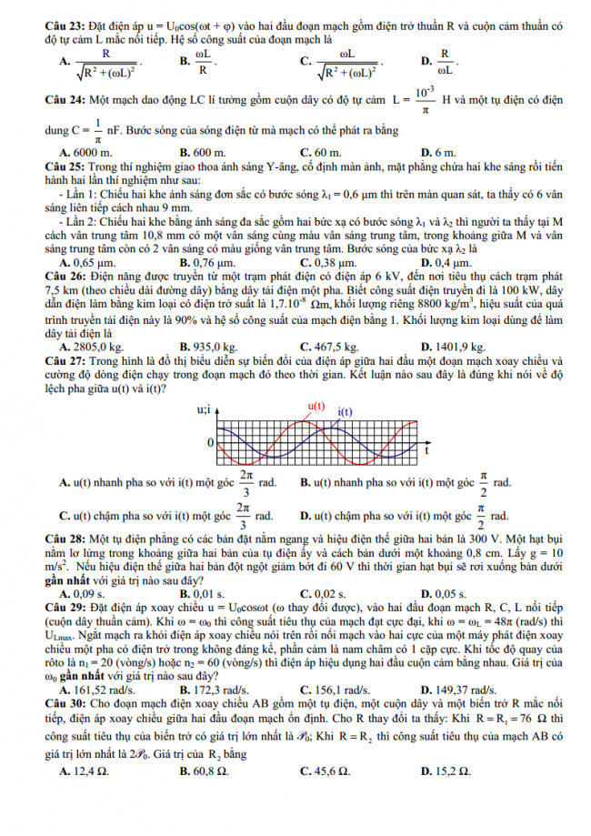 đề thi thử môn vật lý trung học phổ thông sở GD & ĐT Thanh Hóa lần 1 năm học 2018