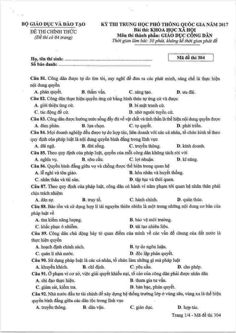 mã đề 304 môn công dân THPT quốc gia năm 2017 (1)