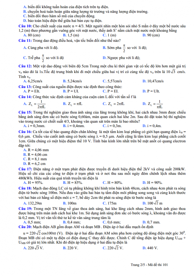 câu 10 đến 20 trang 2 đề thi thử vật lý THPT Nguyễn Viết Xuân 2018