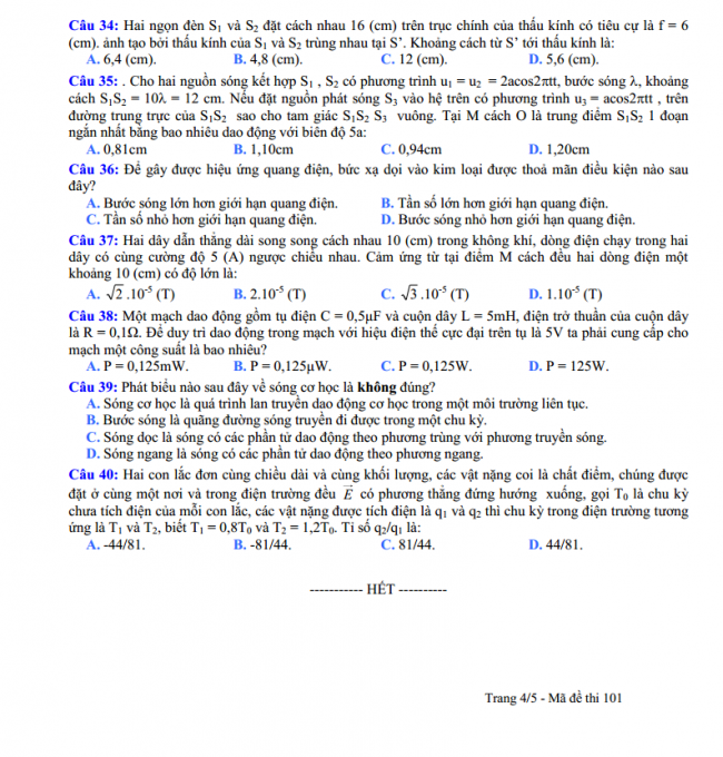 câu 34 đến 40 trang 4 đề thi thử vật lý THPT Nguyễn Viết Xuân 2018