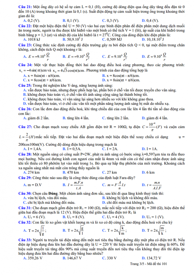 câu 21 đến 33 trang 3 đề thi thử vật lý THPT Nguyễn Viết Xuân 2018
