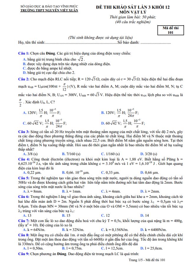 câu 1 đến 9 trang 1 đề thi thử vật lý THPT Nguyễn Viết Xuân 2018