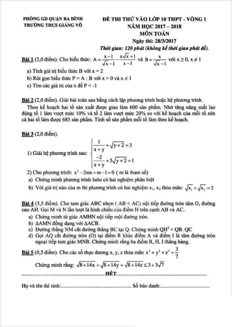 Đề thi thử vào lớp 10 môn Toán trường Giảng Võ - Ba Đình- 2017