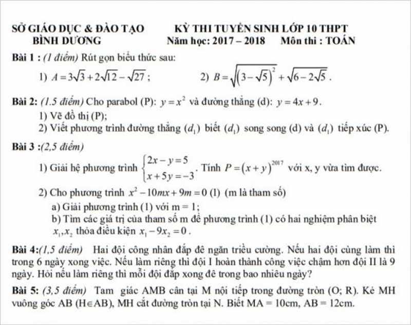 đề tuyển sinh vào lớp 10 năm học 2017 sở giáo dục & đào tạo Bình Dương