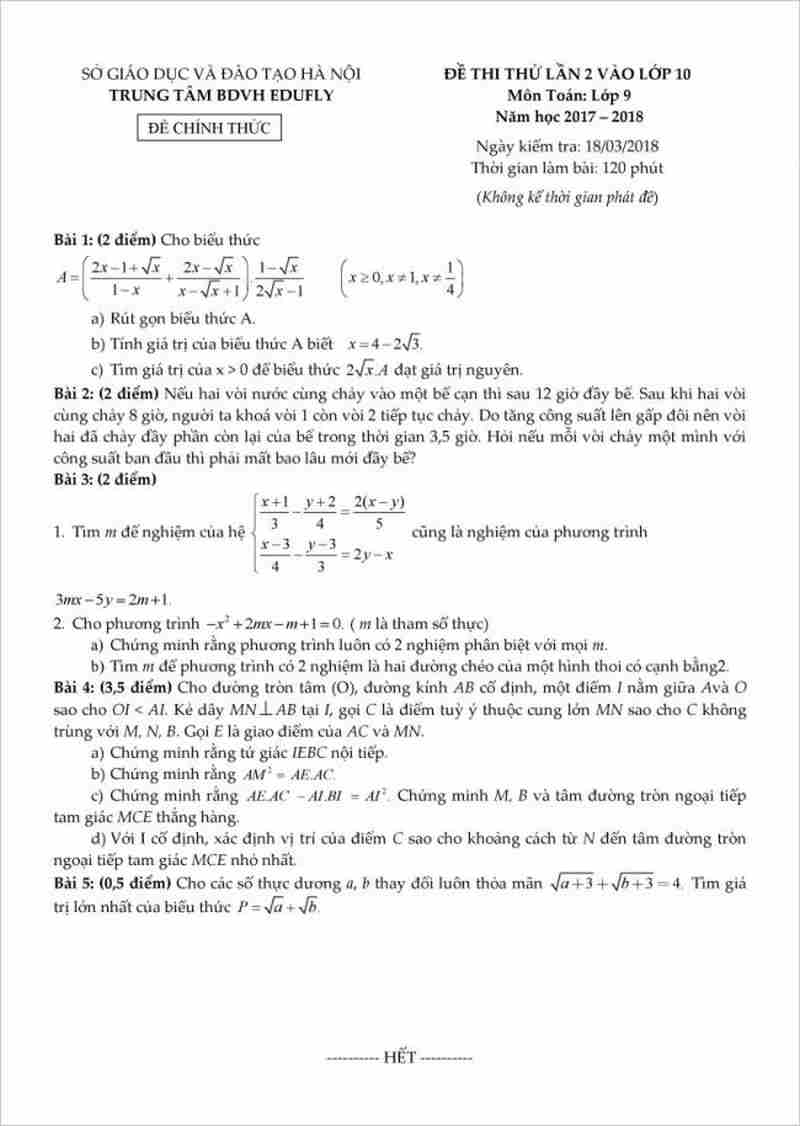 Đề thi thử môn toán vào lớp 10 năm 2018 - trung tâm BDVH Edufly 