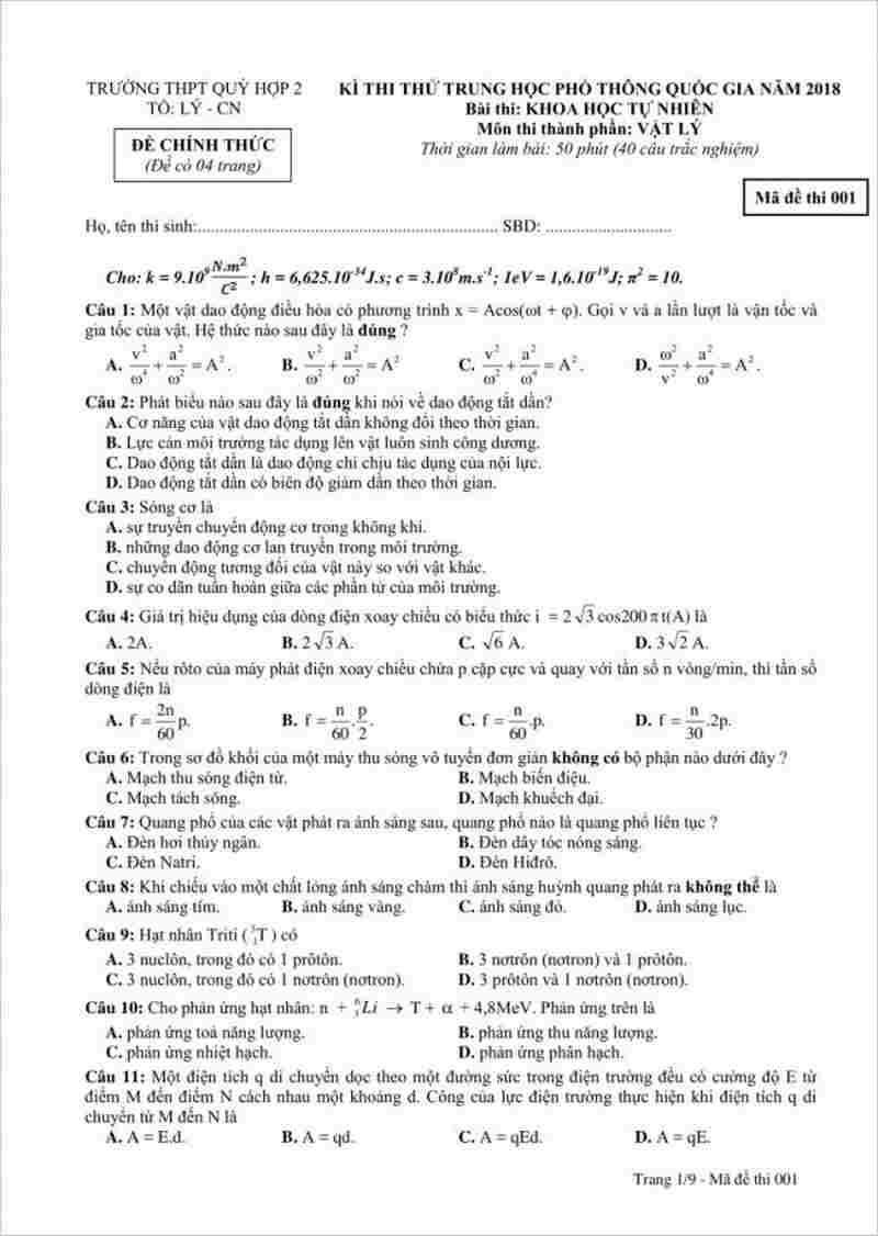 Đề thi thử THPT môn Lý trường THPT Quỳ Hợp 2 – Nghệ An lần 1 – 2018.