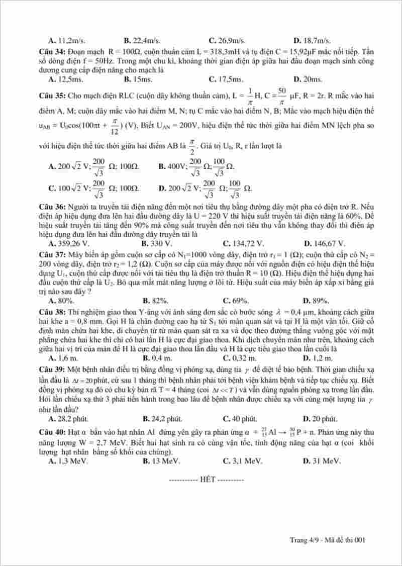 Đề thi thử THPT môn Lý trường THPT Quỳ Hợp 2 – Nghệ An lần 1 – 2018.