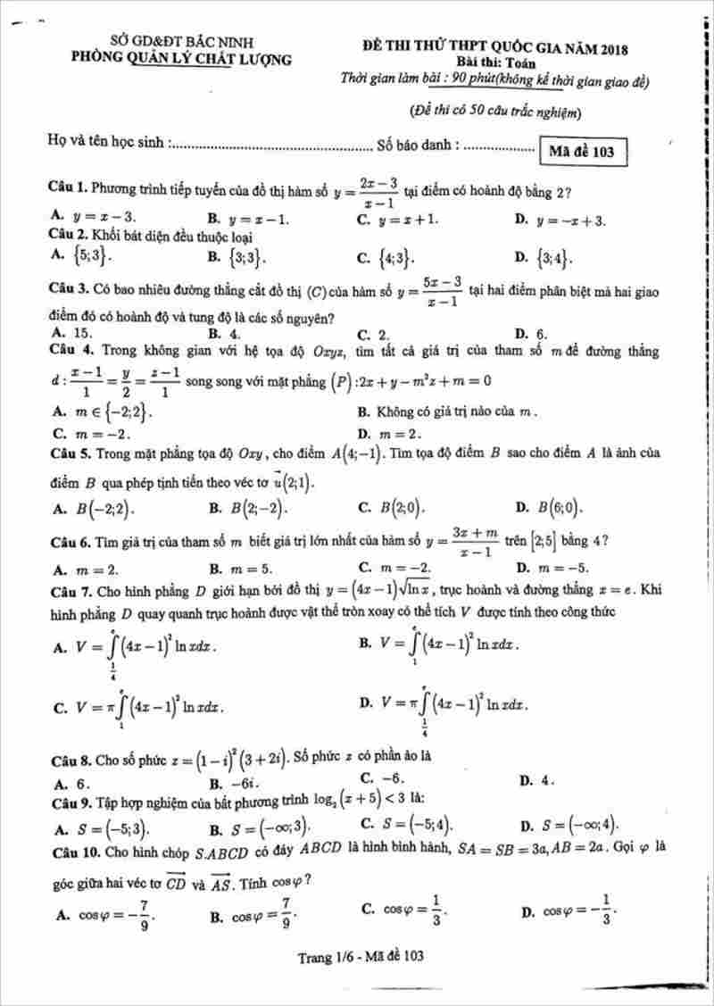 Đề thi thử THPT môn Toán Sở GD&ĐT Bắc Ninh năm 2017