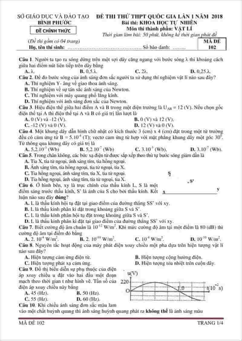 Đề thi thử THPT môn Lý sở GD&ĐT Bình Phước lần 1- 2018
