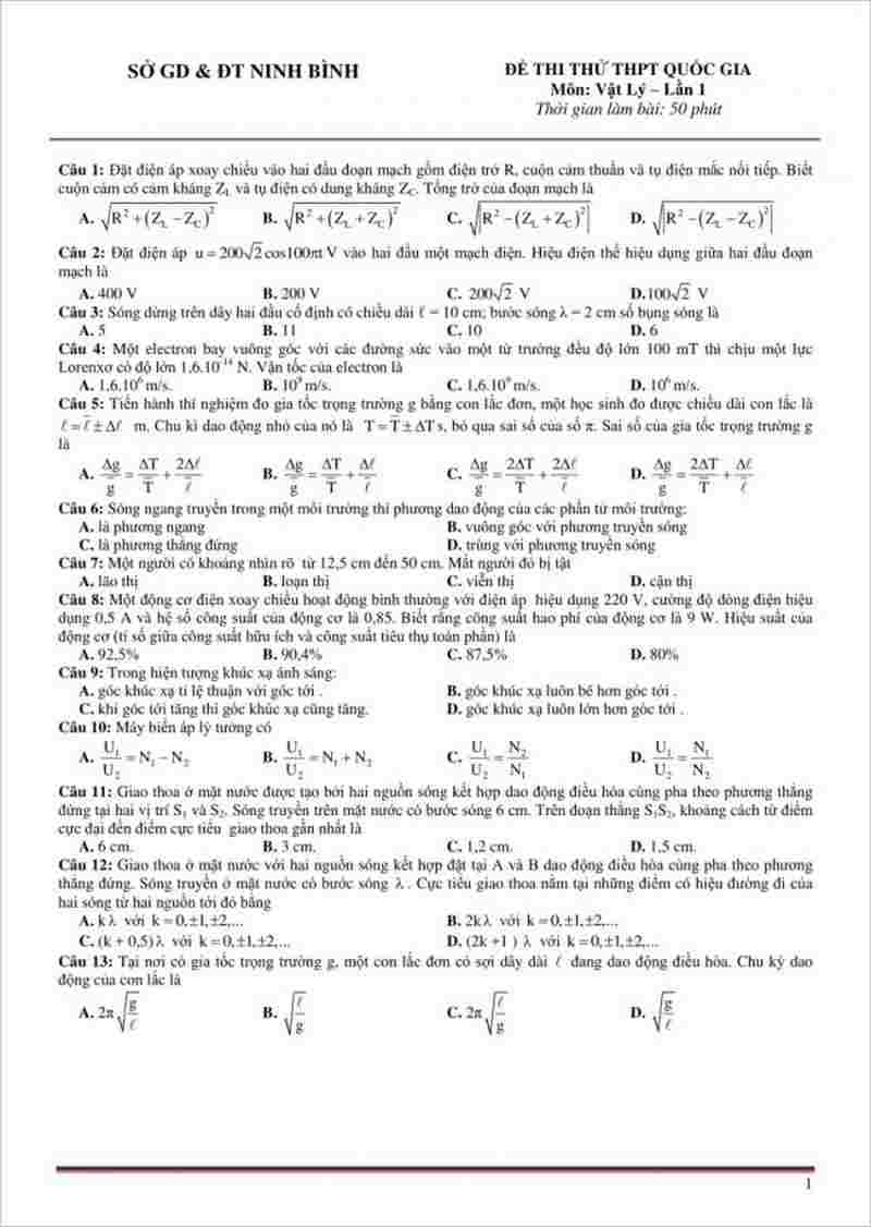 Đề thi thử THPTQG môn Lý phòng GD&ĐT Ninh Bình lần 1 – 2018
