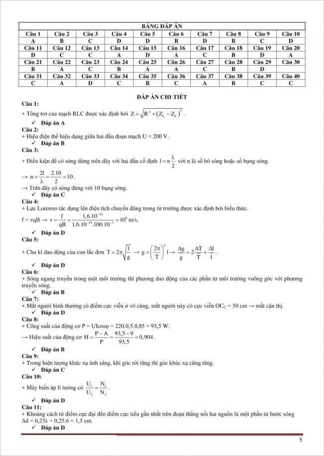 Đáp án Đề thi thử THPTQG môn Lý phòng GD&ĐT Ninh Bình lần 1 – 2018