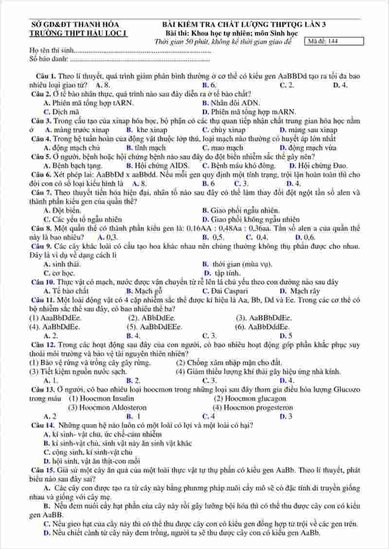 đề thi thử môn sinh học THPT Hậu Lộc 1 Thanh Hóa năm 2018 (1)