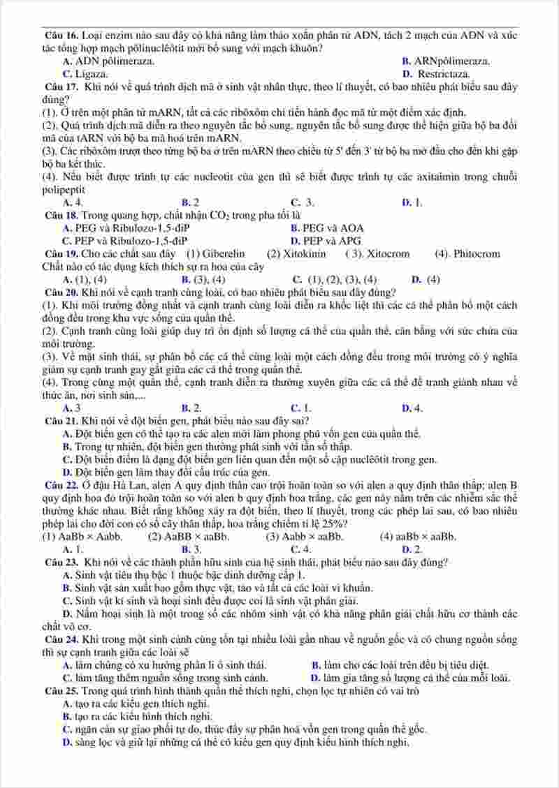 đề thi thử môn sinh học THPT Hậu Lộc 1 Thanh Hóa năm 2018 (2)