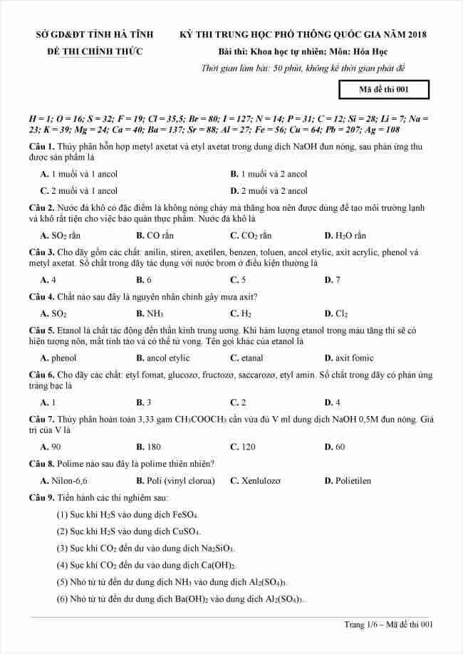 đề thi thử môn hóa THPTQG năm 2018 tỉnh Hà Tĩnh (1)