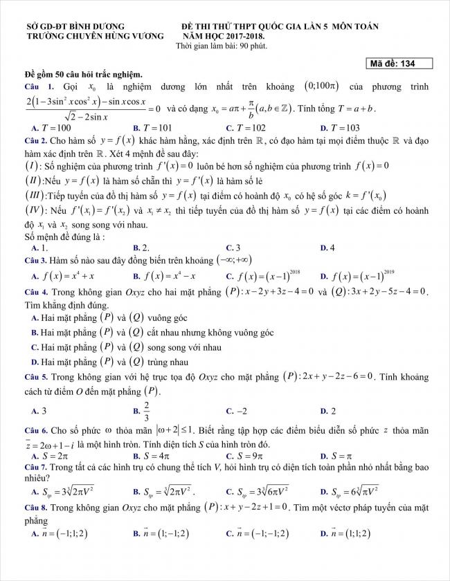 đề toán thi thử THPT chuyên Hùng Vương, Bình Dương năm 2018 (1)