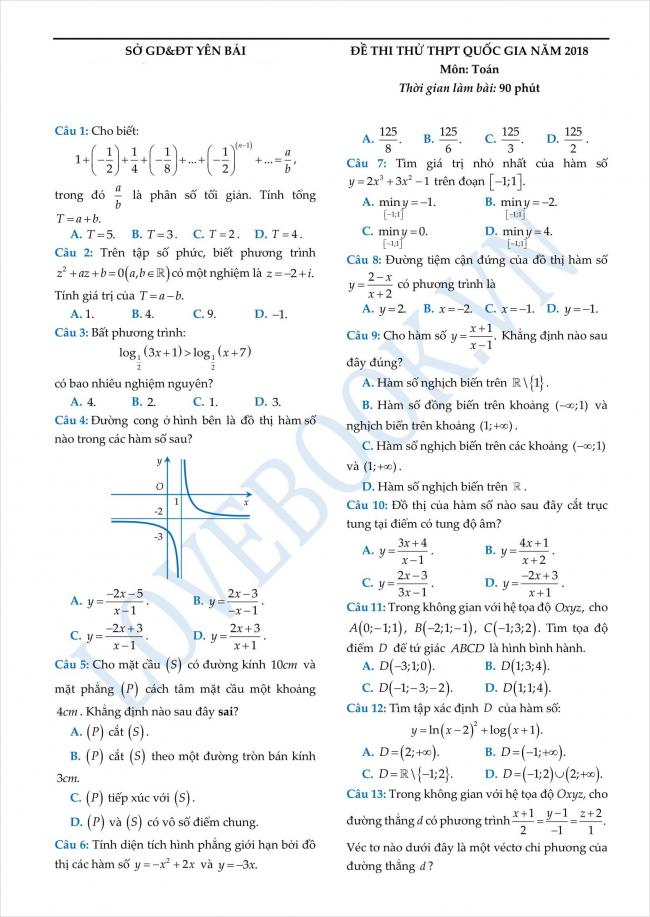đề thi thử toán THPT tỉnh Yên Bái năm 2018 (1)