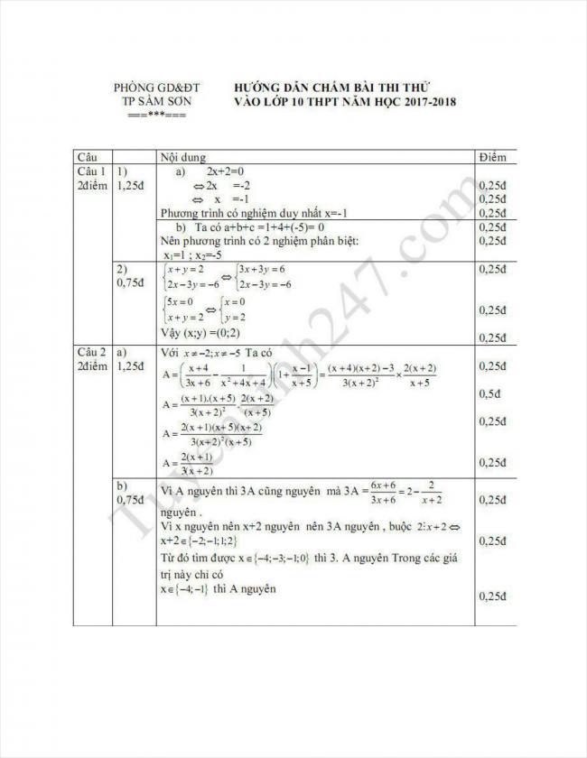 đáp án đề toán thi thử vào lớp 10 THPT Sầm Sơn 2018 (1)