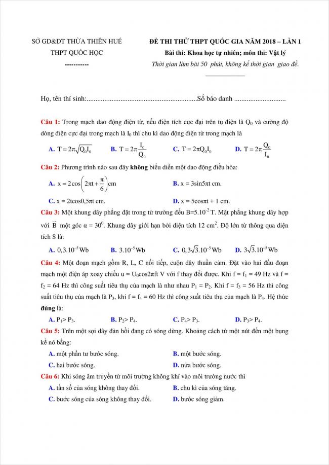 đề thi thử vật lý THPT chuyên Quốc Học Huế năm 2018 (1)