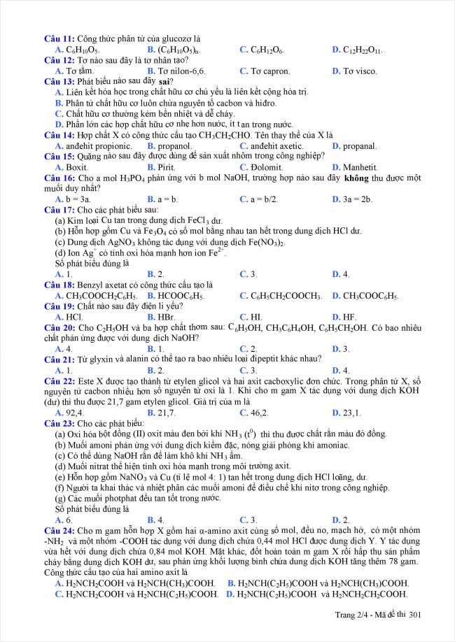 trang 2 câu 11 - 24 đề thi thử hóa THPT năm 2018 Quảng Nam