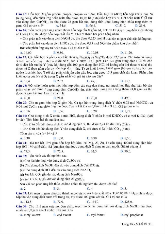 trang 3 câu 25 - 34 đề thi thử hóa THPT năm 2018 Quảng Nam