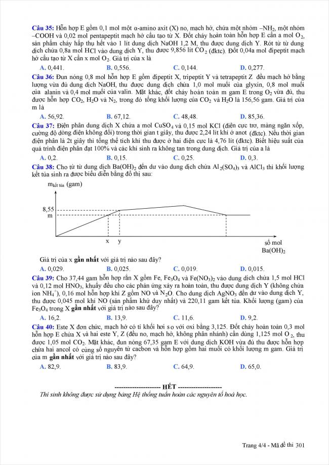 trang 4 câu 35 - 40 đề thi thử hóa THPT năm 2018 Quảng Nam