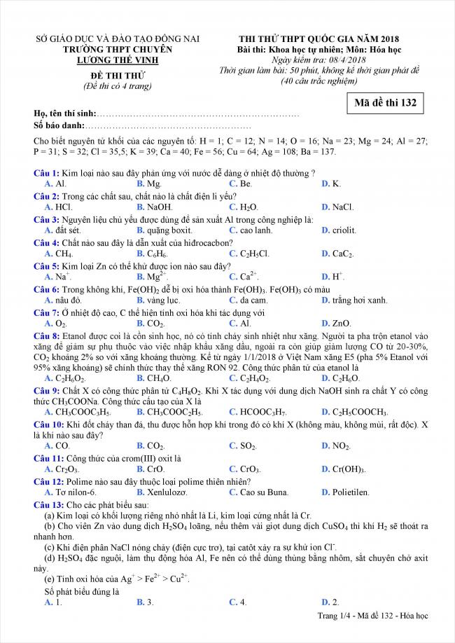 đề thi thử môn hóa THPT chuyên Lương Thế Vinh, Đồng Nai 2018 (1)
