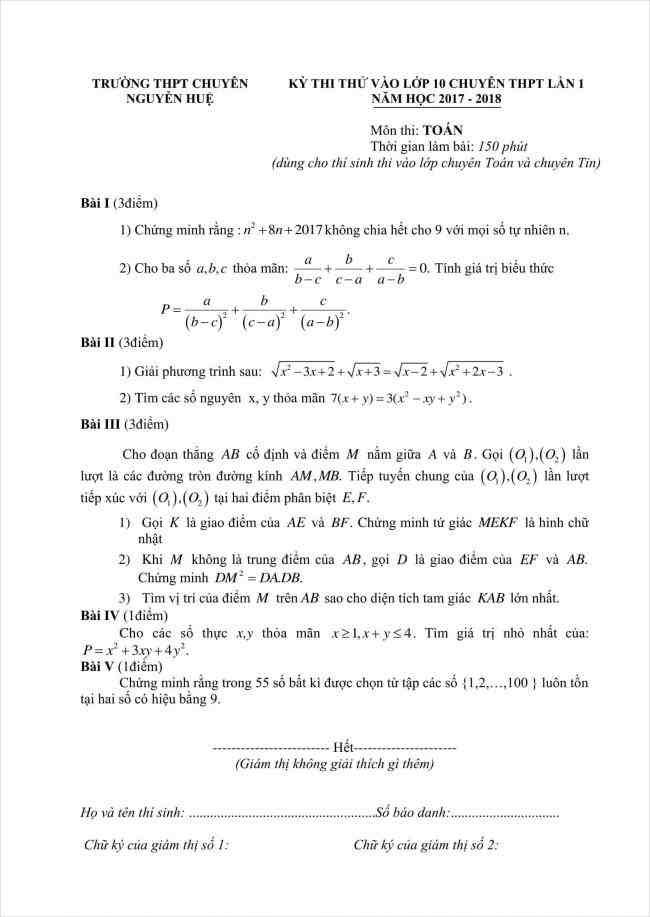 đề toán chuyên thi thử vào lớp 10 THPT chuyên Nguyễn Huệ 2018 (1)