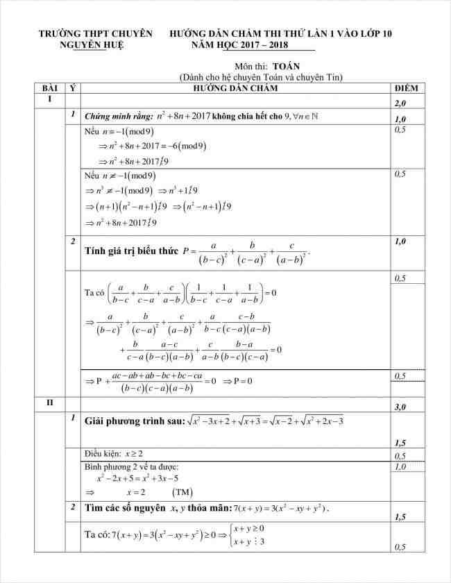đáp án đề toán chuyên thi thử vào 10 THPT chuyên Nguyễn Huệ 2018 (1)