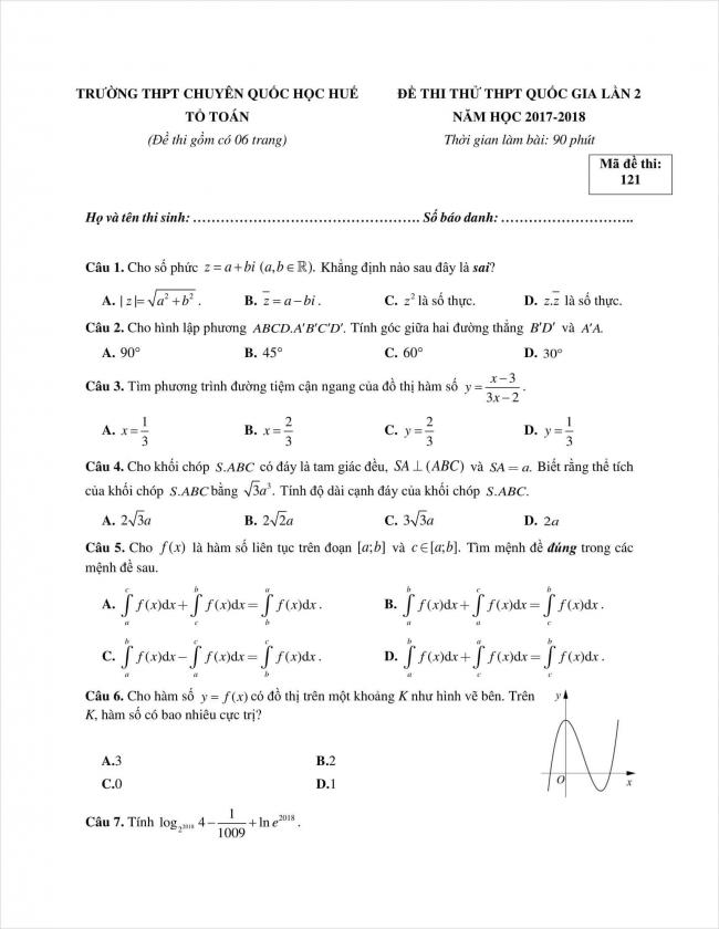 đề toán thi thử THPT chuyên Quốc học Huế năm 2018 (1)