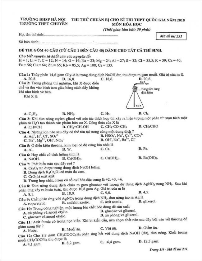trang 1 từ câu 1 đến 12 đề hóa chuyên ĐHSP Hà Nội