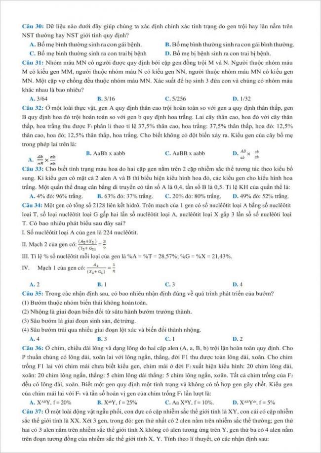câu 30 đến 37 trang 4 đề thi sinh chuyên thái binh