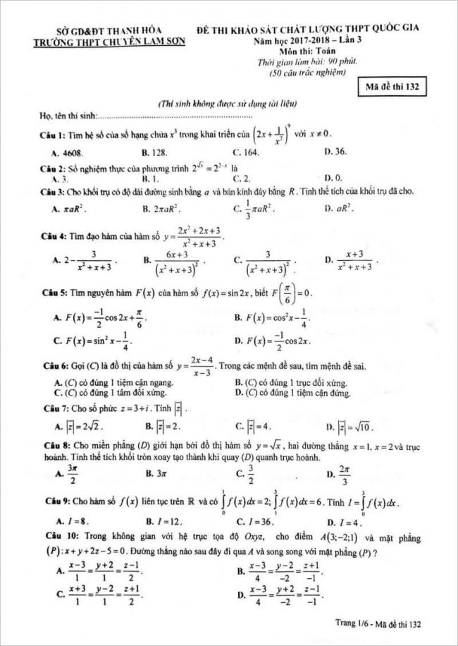 đề thi toán câu 1 - 10 mã đề 132 thpt chuyên lam sơn