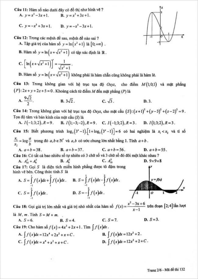 đề thi toán câu 11 - 19 mã đề 132 thpt chuyên lam sơn